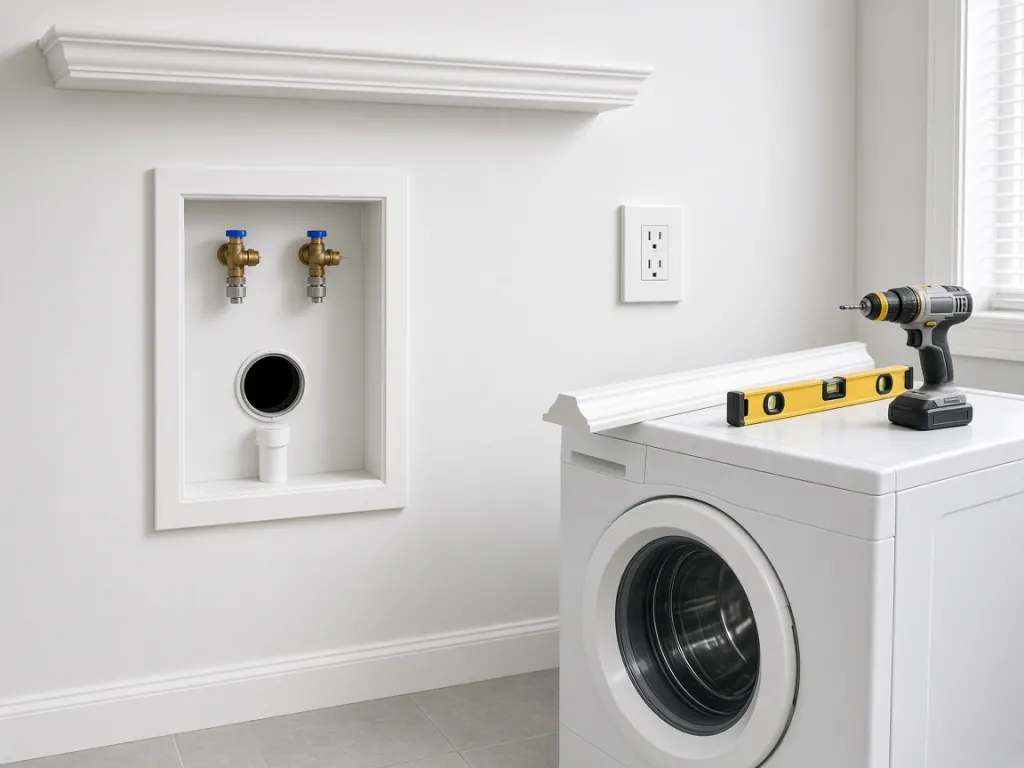 Illustrative photo of a laundry wall with water valves, a drain, an outlet, and new trim, with a drill and level on a washer