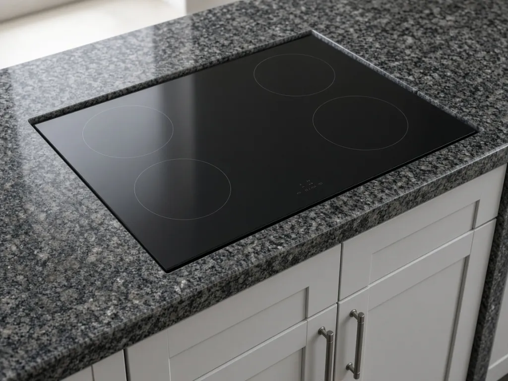 Illustrative photo of a black glass cooktop set into a cut opening in a dark granite countertop