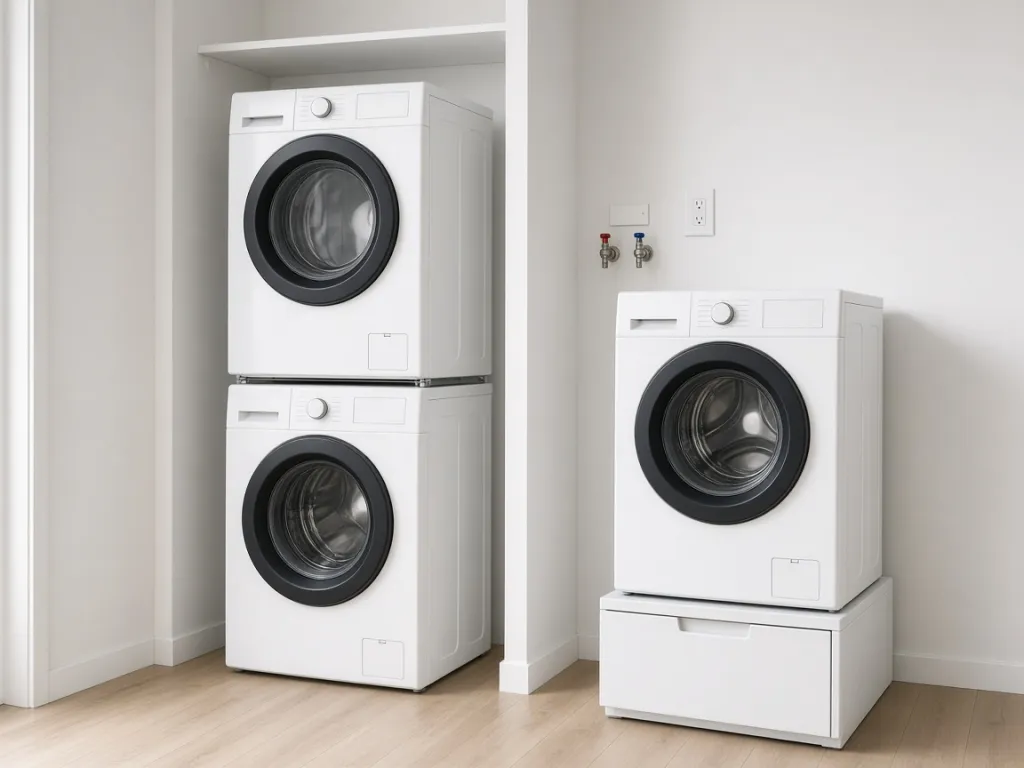 Illustrative photo of a dryer stacked on a washer in a laundry closet, beside a washer raised on a pedestal