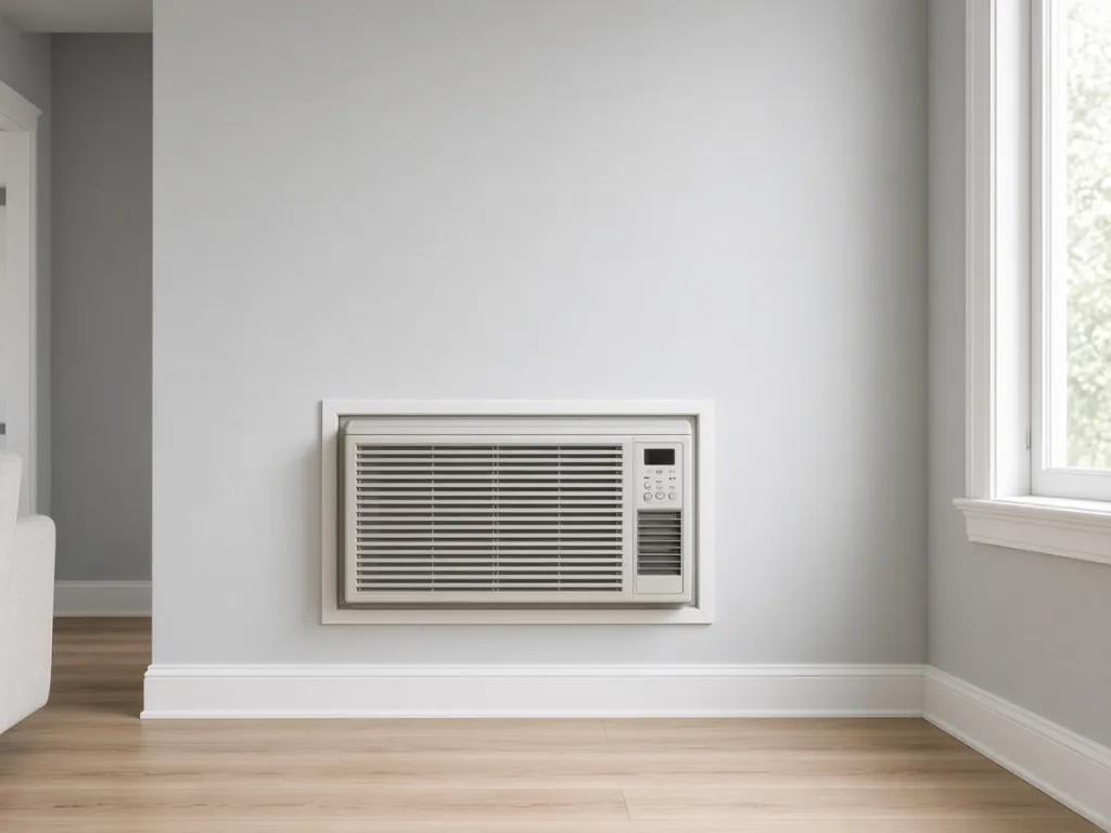 Illustrative photo of a through-the-wall air conditioner set in a trimmed wall opening